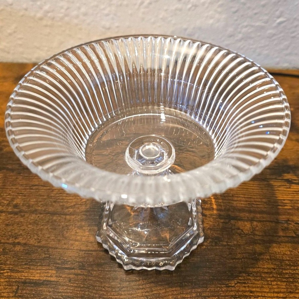 Vintage 1960s Japan Clear Pressed Glass Pedestal Compote Candy Dish Fluted 6"